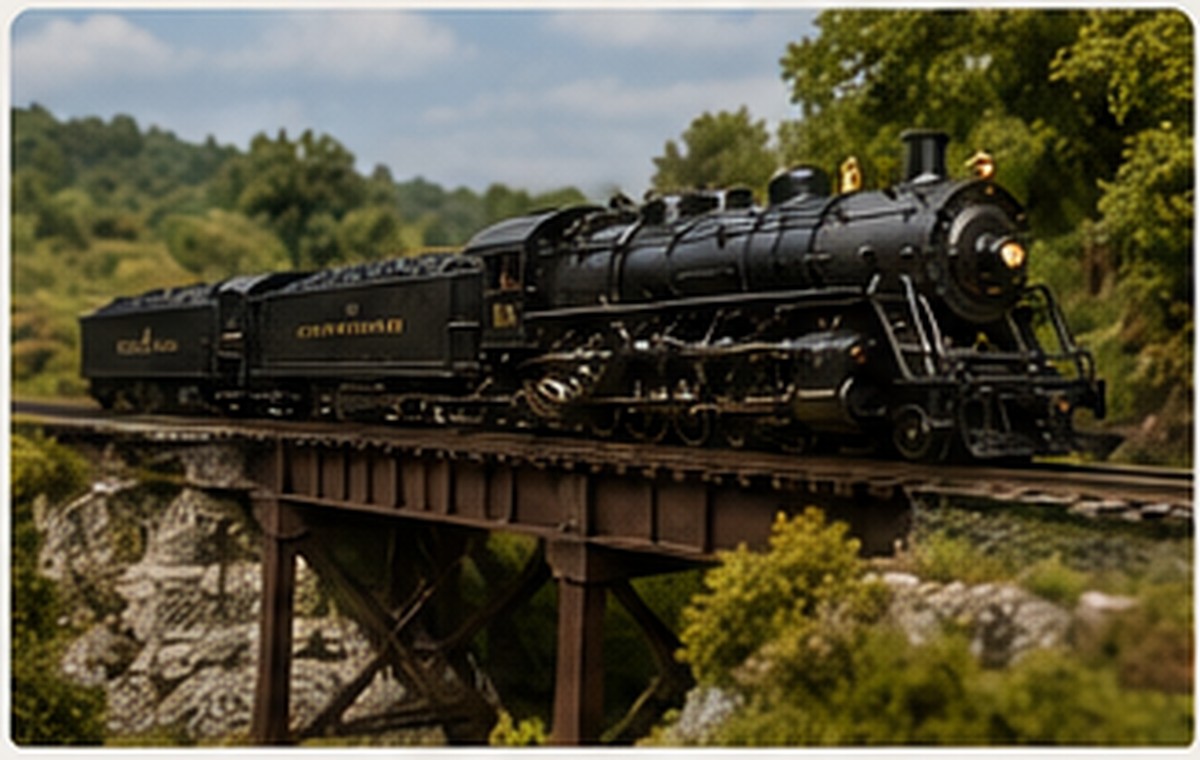 O gauge steam train crossing a model bridge